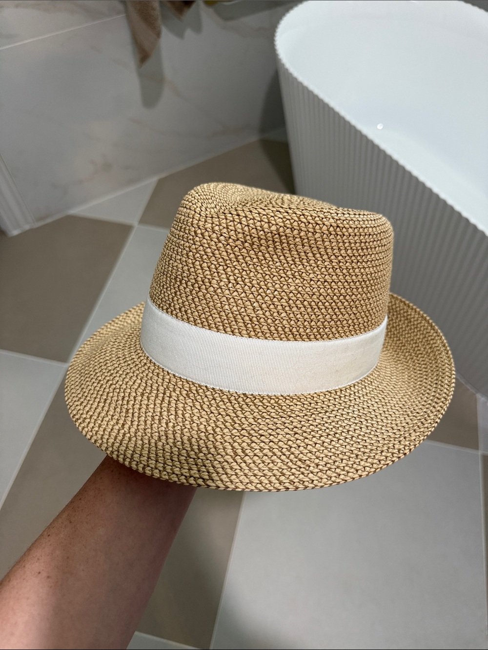 Eric Javits Natural Straw Fedora with White Band